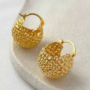 18K gold plated brass woven basket style hoop earrings with spherical hollow design