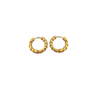Minimalist twisted rope hoop earrings in gold finish with textured braided design