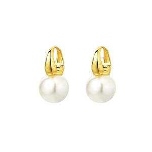 French vintage style gold hoop earrings with large white pearls on a white background