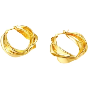 Minimalist golden twisted hoop earrings with irregular geometric spiral texture for women