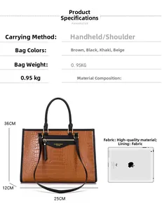 Détail du sac cabas motif crocodile montrant les dimensions et la capacité pour iPad 9,7 pouces