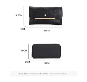 Détails de la pochette crocodile et du portefeuille à fermeture éclair avec dimensions en CM