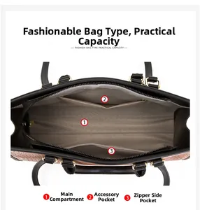 Détail de l'intérieur du sac à main marron avec compartiment principal et poche zippée