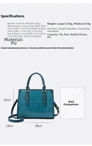 Detailed sizing chart for blue crocodile embossed PU leather tote and crossbody bags