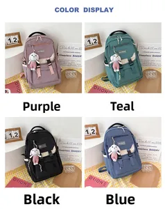 Collage of large capacity student backpacks in purple, teal, black and blue with rabbit charms
