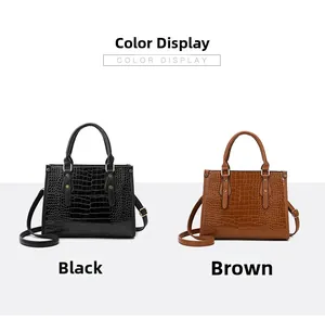 Detailed comparison of crocodile pattern handbags in black and brown with metal rivets