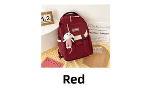 Detailed view of burgundy multi-pocket backpack with cute plush rabbit charm