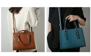 Detail of crocodile embossed leather texture on brown and teal tote bags with gold rivets