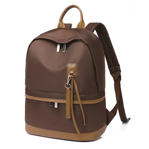 Waterproof large capacity dark brown backpack with camel leather trim and silver zippers
