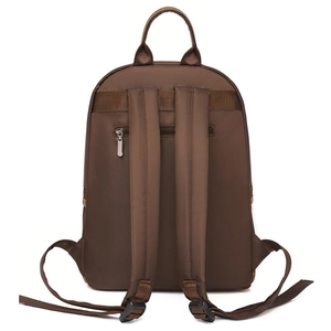 Brown water-resistant nylon backpack with ergonomic shoulder straps and anti-theft back pocket