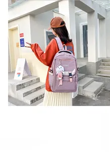 Detail view of the purple backpack featuring multi-pockets and a cute rabbit charm