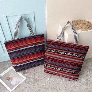 Bohemian Ethnic Style Woven Nylon Canvas Tote Bag Women Large Capacity Multi Color Geometric Stripes Shoulder Bag Handbag For Casual Travel Beach
