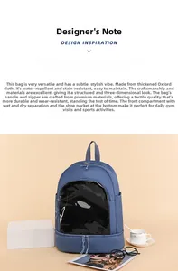 Blue oxford backpack detail showing wet/dry separation and independent shoe compartment