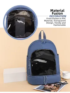 Close-up of blue Oxford backpack featuring a large transparent PVC front storage pocket