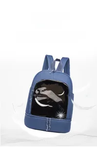 Close-up of lightweight 0.4kg navy nylon backpack featuring a clear transparent window