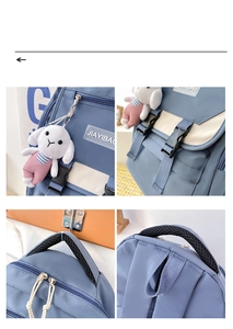 Detail of Morandi blue nylon backpack with cream contrast flap and cute plush bunny charm