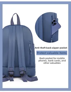 Detail of the blue oxford backpack featuring a hidden anti-theft back zipper pocket