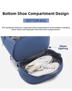 Detail of waterproof Oxford backpack showing separate bottom compartment for shoes