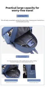 Blue oxford backpack detail showing interior compartments and large storage capacity