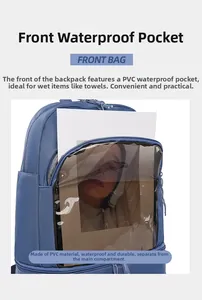 Detail view of the waterproof PVC front pocket for wet-dry separation in blue backpack