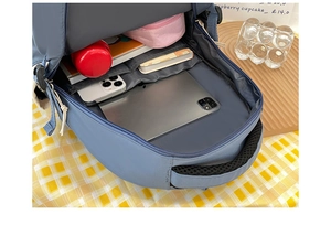Internal layout of large capacity blue nylon backpack showing multiple storage pockets