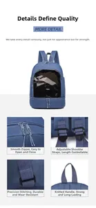 Detail view of smooth zippers, adjustable straps, fine stitching, and reinforced handle
