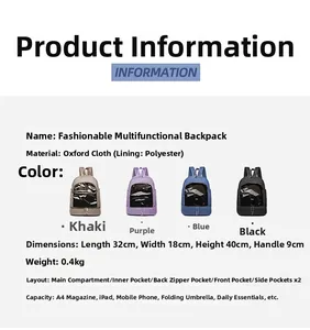 Detailed size chart and multi-pocket features for lightweight Oxford fabric backpack