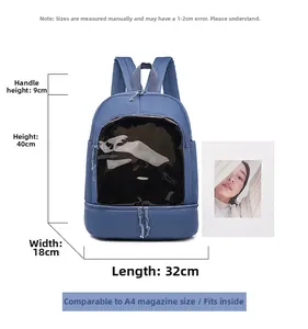 Blue oxford backpack size details showing 40x32x18cm dimensions with A4 magazine comparison