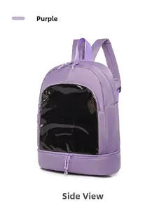 Detail view of purple nylon backpack with transparent PVC window and double zippers