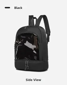 Detail view of black nylon micro backpack featuring clear PVC window for pin display
