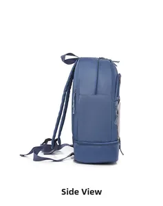 Side view of blue oxford backpack showing multi-layer zippers and reinforced bottom compartment