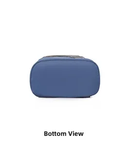Flat bottom view of durable dark blue nylon backpack showing spacious base and texture