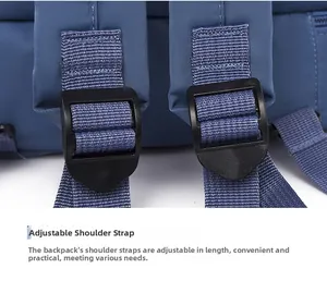 Detail of adjustable deep blue nylon shoulder strap with durable plastic buckle