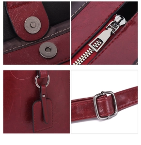 Detailed views of the embossed leather, silver zipper, and metallic magnetic buckle on a bag