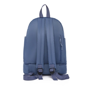 Deep blue Oxford cloth backpack featuring adjustable straps and back zipper pocket