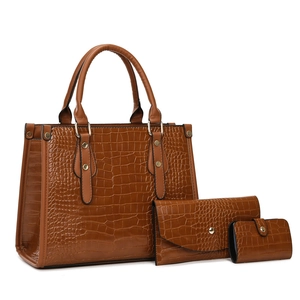 Brown crocodile embossed three-piece handbag set featuring tote bag, clutch and card holder
