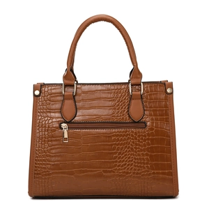 Brown crocodile embossed tote bag for women with sturdy handles and gold metal zipper
