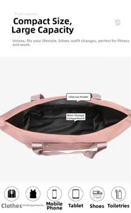Top view of pink travel tote showing large capacity main compartment and inner pocket