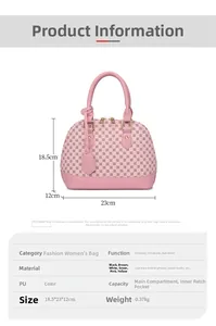 Detailed dimension guide showing a pink shell handbag with PU material and size specs