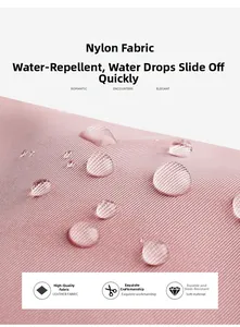 Close-up of pink water-resistant nylon fabric showing surface water droplets
