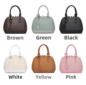 Multiple colors of shell-shaped handbags with floral print and gold hardware