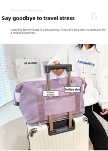 Detail of lavender travel bag showing the luggage trolley sleeve and back zipper pocket