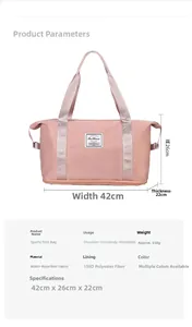 Pink waterproof fitness bag with 42x26x22cm dimensions and durable 150D polyester