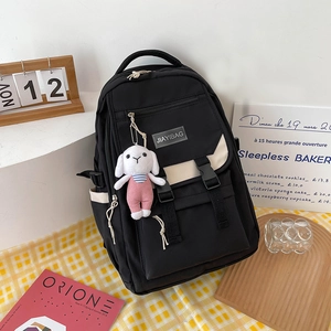 Minimalist black and beige large capacity school backpack with cute bunny plush pendant