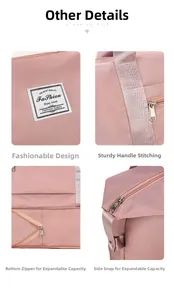 Detailed close-up of pink travel bag showing reinforced stitching and fashion label