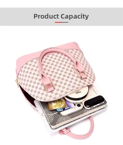 Large capacity pink printed shell bag showing storage for tablet and phone