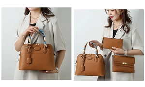 Brown litchi leather bag set with silk scarf detail on handle and metal chain
