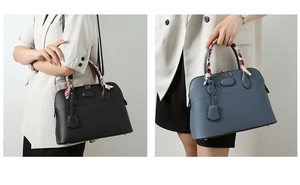 Classic shell-shaped tote bags in black and blue leather with stylish silk scarves