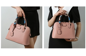 Detailed view of pink pebble leather shell bag with elegant silk scarf wrapped handle