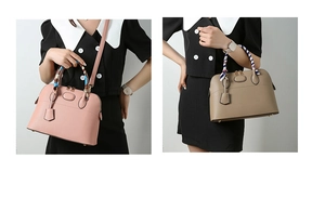 Detail view of pink and khaki lychee leather tote bags with decorative silk scarves